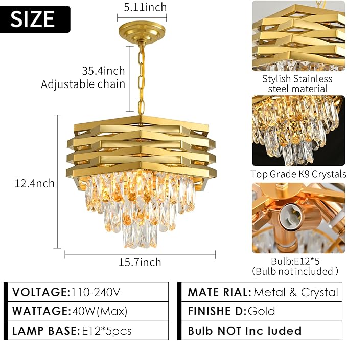 Modern Crystal Chandelier Gold Round Chandeliers for Dining Room Chandelier for Living Room Entryway Foyer Bedroom Kitchen Small Flush Mount Ceiling Pendant Light Fixtures 5-Lights W15.7