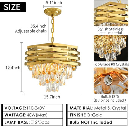 Modern Crystal Chandelier Gold Round Chandeliers for Dining Room Chandelier for Living Room Entryway Foyer Bedroom Kitchen Small Flush Mount Ceiling Pendant Light Fixtures 5-Lights W15.7