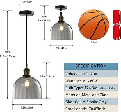 Modern Pendant Lights for Kitchen Island, Industrial Rustic Hanging Ceiling Lighting Fixtures, Glass Dome Lampshade Chandelier, 7.86" Handmade Bell Shaped Lamp Shade, Smoke Grey