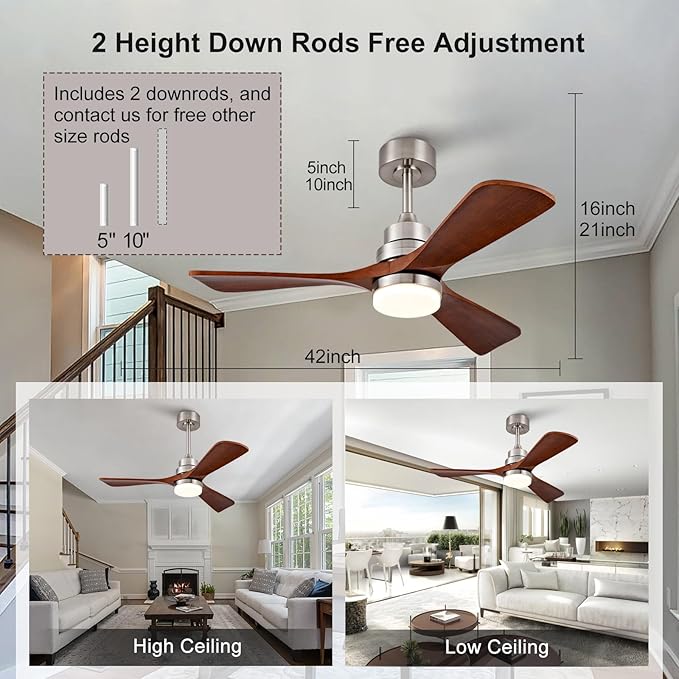 42 Inch Wood Ceiling Fans with Lights and Remote, Brushed Nickel Outdoor Ceiling Fan with Light, Dimmable 3 Blades Outdoor Fans for Patios Noiseless Modern Ceiling Fans for Bedroom Living Room