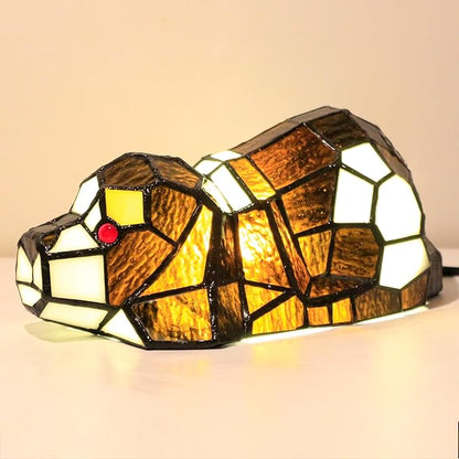 Small Tiffany Lamp Stained Glass Animal Table Lamp Mini Accent Desk Light (Brown White Dog)
