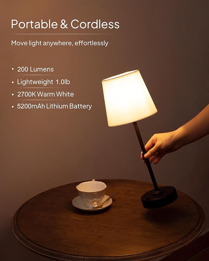 EppieBasic Cordless Table Lamp Rechargeable: Fast Charging & Long Lasting - 2700K Warm Light Small Vintage Brass Bedside Lamps - Dinning Living Room Bedroom - 2 Pack