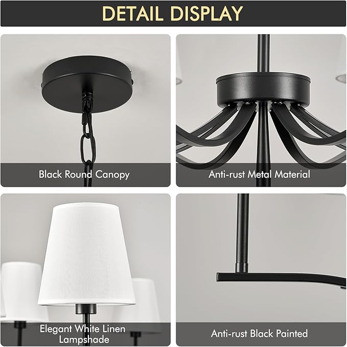 8 Light Black Chandelier with White Linen Shade 44'' Fabric Dining Room Chandeliers Over Table Transitional Living Room Chandeliers for Master Bedroom Entry Hanging Light Fixture Home Office Kitchen