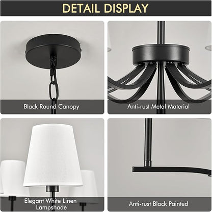 8 Light Black Chandelier with White Linen Shade 44'' Fabric Dining Room Chandeliers Over Table Transitional Living Room Chandeliers for Master Bedroom Entry Hanging Light Fixture Home Office Kitchen