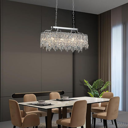 10 Light Crystal Chandelier | Chrome Oval-Shaped Crystal Chandeliers for Dining Room Light Fixture, 32" Modern Ceiling Lighting Fixture for Dining Room Kitchen Island Bar