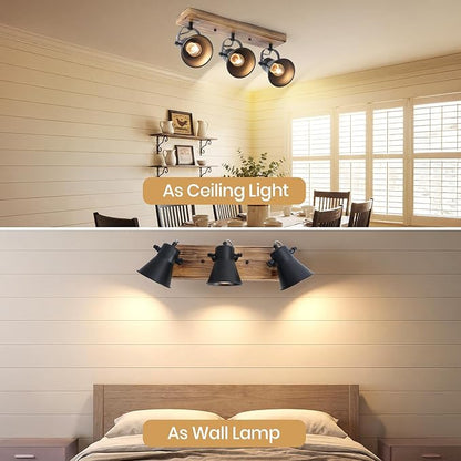 3-Light Track Lighting Kit, Wood Semi Flush Mount Ceiling Light with 3 Rotatable Heads – Modern Farmhouse Kitchen Lighting Fixtures Ceiling for Living Room, Bedroom, Hallway, Bathroom