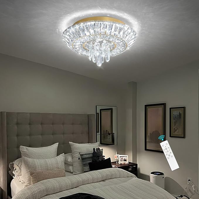 Crystal Chandelier Modern Round Ceiling Light Fixture LED Raindrop Chandeliers Dimmable with Remote for Dining Room Living Room Entryway Hallway Bedroom Gold
