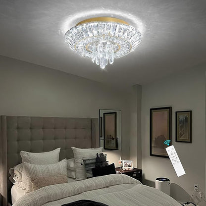 Crystal Chandelier Modern Round Ceiling Light Fixture LED Raindrop Chandeliers Dimmable with Remote for Dining Room Living Room Entryway Hallway Bedroom Gold