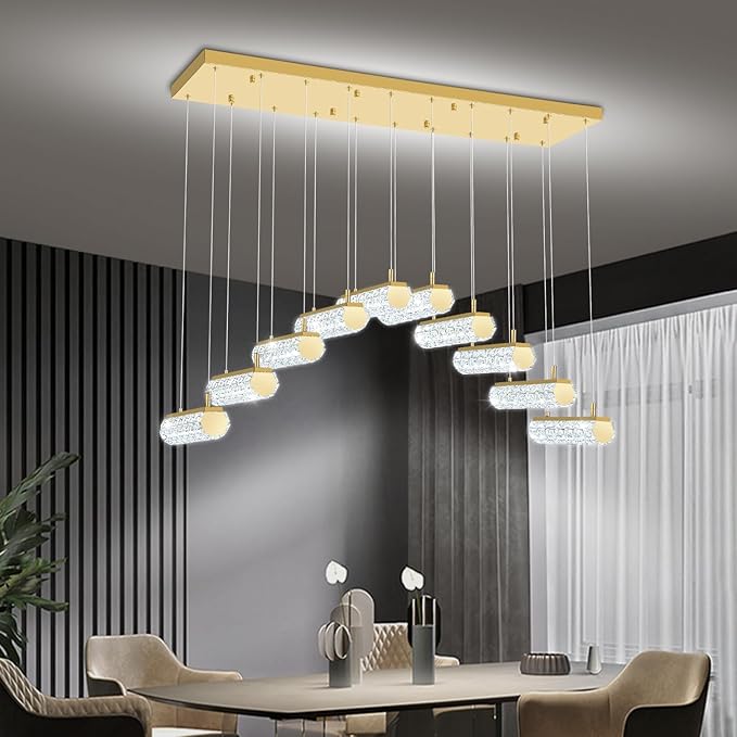 Crystal Kitchen Chandeliers Over Table,Rectangular Crystal Chandelier for Living Room Modern Linear Chandelier for Dining Room Dimmable Gold 10 Lights