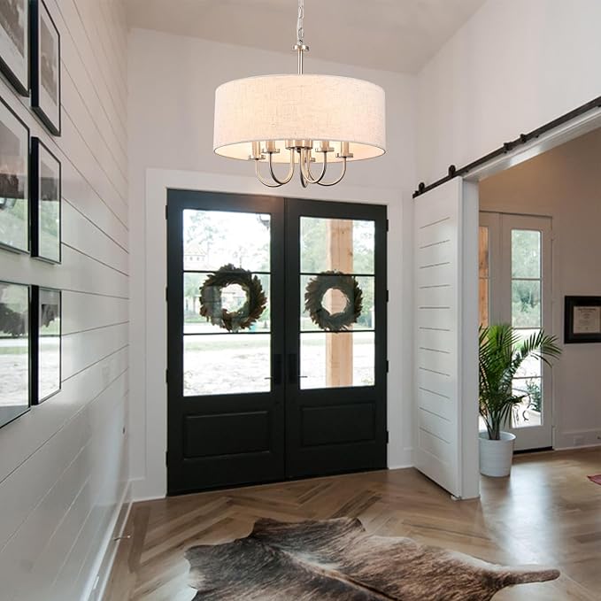 Drum Modern Chandeliers for Dining Room Light Fixture 5 Lights Brushed Nickel Chandelier with Linen Lampshade 19” Farmhouse Chandelier Large Pendant Lighting Fixtures for Foyer Entryway Kitchen