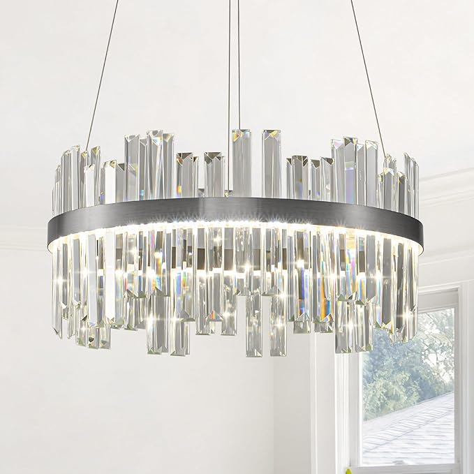 Nickel Led Modern Crystal Chandelier: 19.7" Round Contemporary 3 Color Dimmable Dining Room Light Fixture over Table - Adjustable Lighting Chandelier for Bedroom Living Kitchen Island Entryway Foyer