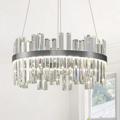 Nickel Led Modern Crystal Chandelier: 19.7" Round Contemporary 3 Color Dimmable Dining Room Light Fixture over Table - Adjustable Lighting Chandelier for Bedroom Living Kitchen Island Entryway Foyer