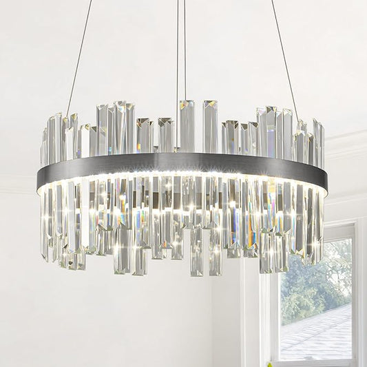 Nickel Led Modern Crystal Chandelier: 19.7" Round Contemporary 3 Color Dimmable Dining Room Light Fixture over Table - Adjustable Lighting Chandelier for Bedroom Living Kitchen Island Entryway Foyer