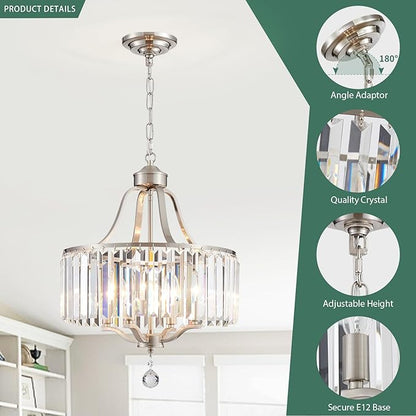 Crystal Chandelier - Modern Pendant Light - 15.7 Inch Diameter Height Adjustable Brushed Nickel Ceiling Light - Ideal for Dining Rooms, Kitchens, Living Rooms