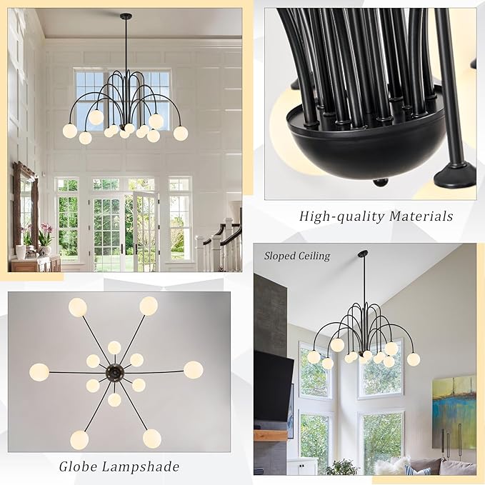 CATINER Black Sputnik Chandeliers 12 Lights Modern Chandelier for High Ceiling Large L52”Mid Century Ceiling Pendant Light Fixtures with Milk Glass Globe Shades for Living Dining Room Foyer Staircase