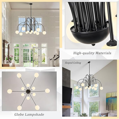 CATINER Black Sputnik Chandeliers 12 Lights Modern Chandelier for High Ceiling Large L52”Mid Century Ceiling Pendant Light Fixtures with Milk Glass Globe Shades for Living Dining Room Foyer Staircase
