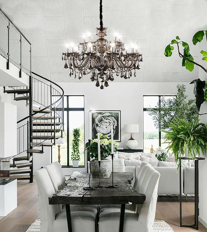 Smoky Gray Crystal Chandelier Modern Double Layer K9 Crystal Chandeliers Lighting 15-Light Crystal Raindrop Hanging Chandelier for Living Room Dining Room(15 Lights)