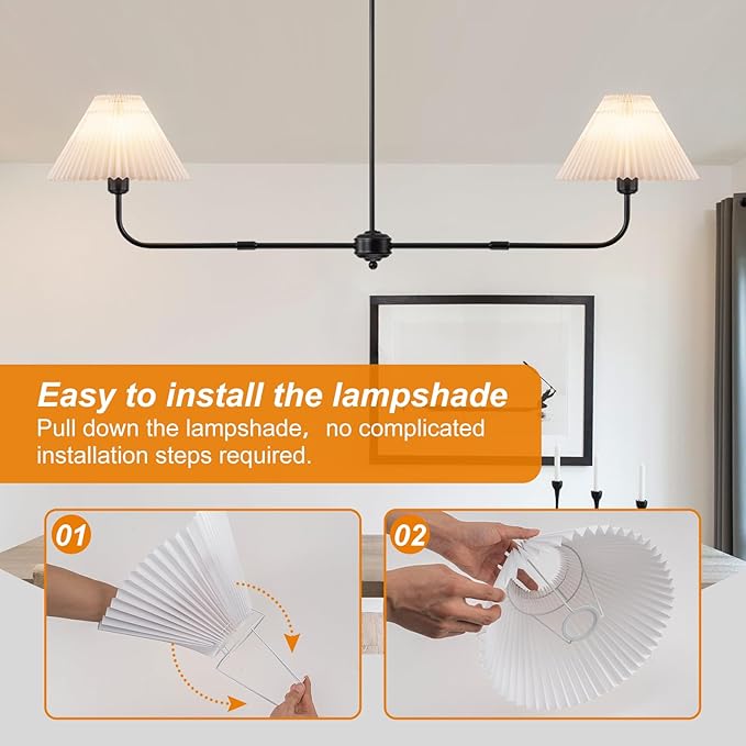 Modern Chandelier, 2-Light Linear Dining Room Light Fixture with White Fabric & ABS Shade Kitchen Island Lighting Fixture for Over Table, Living Room, Bedroom