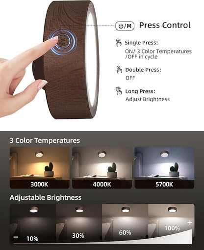 EZVALO LED Wall Mounted Light, 3000mAh Rechargeable Cordless Wall Sconce, Dimmable with Remote & Touch Control, 3 Color Temps, 360° Rotatable for Bedroom, Bedside, Reading(Walnut, 3Pack)