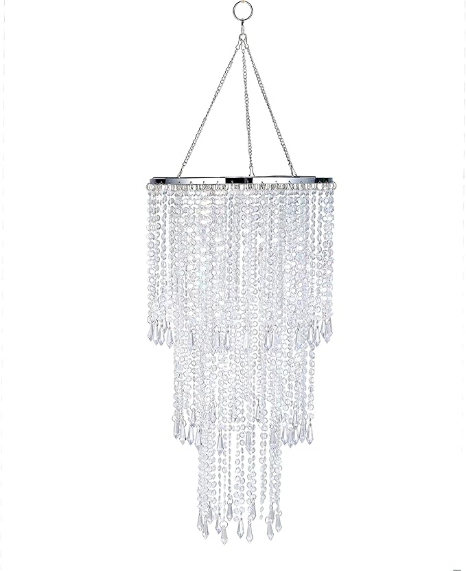 Plug in Classic Acrylic Chandelier(W10.25 x H20),Ceiling Light Beaded Pendant with Crystal Beads with ON/Off Switch and 16.4ft Clear Hanging Cord (H20 with PlugIn)