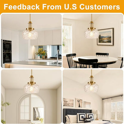 Modern Pendant Lights Kitchen Island, Brushed Gold Pendant Light Fixtures with 10" Clear Hammered Glass Shade, Industrial Hanging Pendant Lights Fixture for Kitchen Island Dining Room Bedroom Entryway