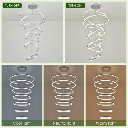 7-Rings D31.5’’ Modern LED Chandelier Silver Dimmable High Ceiling Chandeliers Foyer with Remote Control for Staircase Entryway Dining Room Living Room, 3000K-6500K