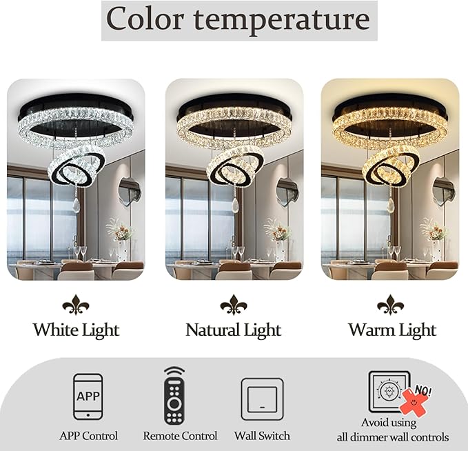 Flashing God Dia 32'' Modern Chandeliers for Living Room Crystal Flush Mount Ceiling Chandelier Large Chandeliers for Dining Room Bedroom LED Dimmable 3000-6000K Black