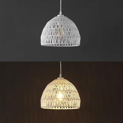 JONATHAN Y 10.25" White Modern Bohemian Woven Rope LED Pendant Light Fixture, Adjustable Dome Ceiling Lamp for Kitchen Island, Rope Shade, Coastal Farmhouse Decor (JYL6513A)