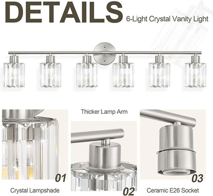 Crystal Bathroom Light Fixtures,Bathroom Lighting Fixtures Over Mirror, Modern 6-Light Brushed Nickel Vanity Lights for Mirror, Restroom,Kitchen(Ceramic E26 Socket,Bulbs Not Include)