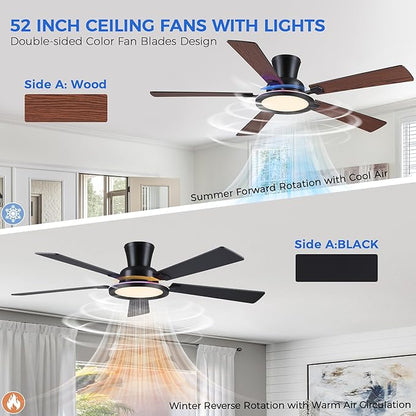 Ayaoty 52in Flush Mount Ceiling Fan with RGB Lights and Remote/APP, Low Profile RGB Ceiling Fan with 5 Reversible Blades, Dimming, Indoor Modern Fan Light Fixutre for Kid's Room, Bedroom, Brown