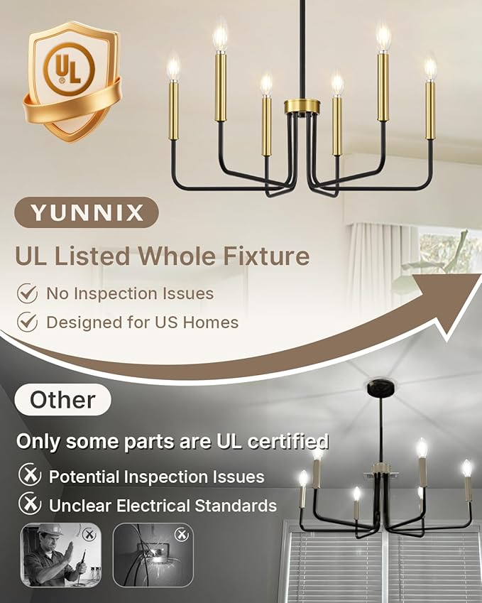 Yunnix Black and Gold Chandelier 6-Light Modern Pendant Hanging Light Fixture for Dining Room, Bedroom Pendant Ceiling, Foyer Entryway, Kitchen Island