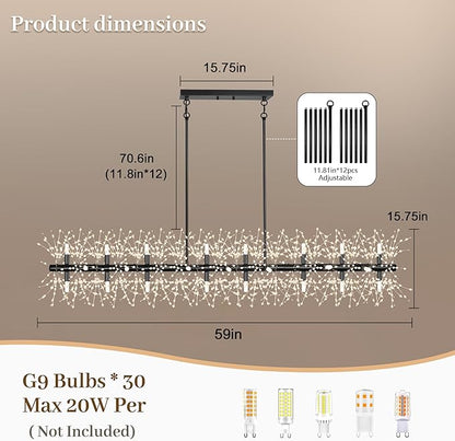 Chandeliers for Dining Room 59" Linear Crystal Chandeliers Light Fixture Firework Dandelion Sputnik Chandelier Long Black Crystal Branch Pendant Light for Kitchen Island Living Room Dining Table