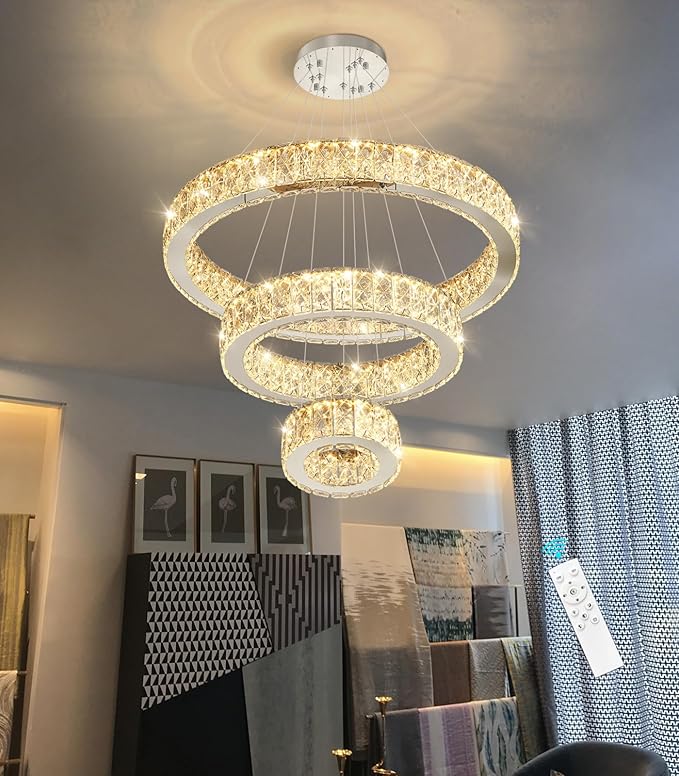 Modern Crystal Chandelier 36W Dimmable LED Ceiling Light Fixture with Remote Luxury Adjustable Pendant Light for Living Room Dining Room Silver