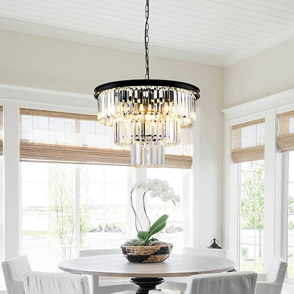 Modern Crystal Chandelier 20'' Black Chandeliers for Dining Room Contemporary Pendant Light Fixture Round 3-Tier K9 Crystal Chandelier Adjustable Height for Living Room, Foyer, Entryway, Bedroom
