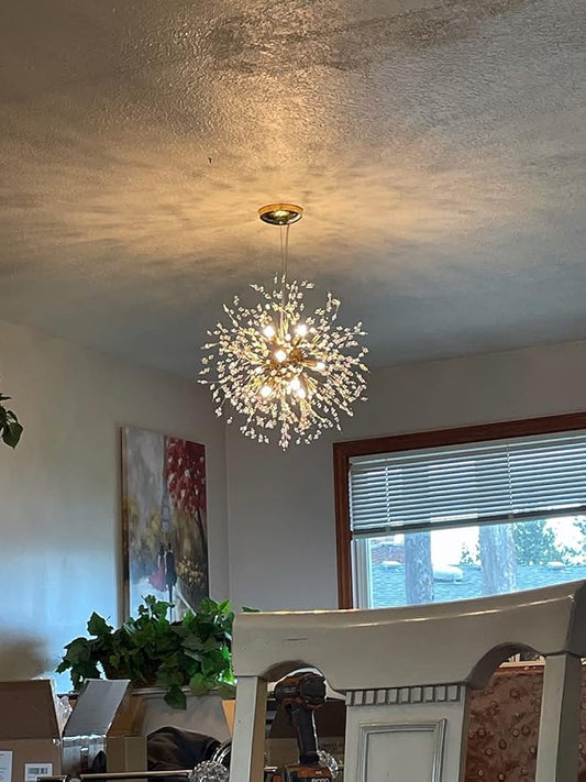 Yiisem Gold Crystal Chandeliers, 9-Light Modern Dandelion Firework Pendant Lighting, G9 Hanging Chandelier Light Fixtures for Dining Room Bedroom Hallway Kitchen Aisle