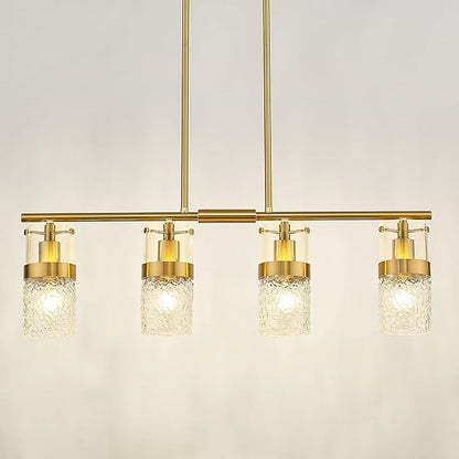 LMS 4-Light Brushed Gold Island Chandelier Lights for Kitchen, Mid Century Pendant Light with Hammered Glass Shade, Farmhouse Dining Room Light Fixture, Kitchen Island, LMS-171GD-4