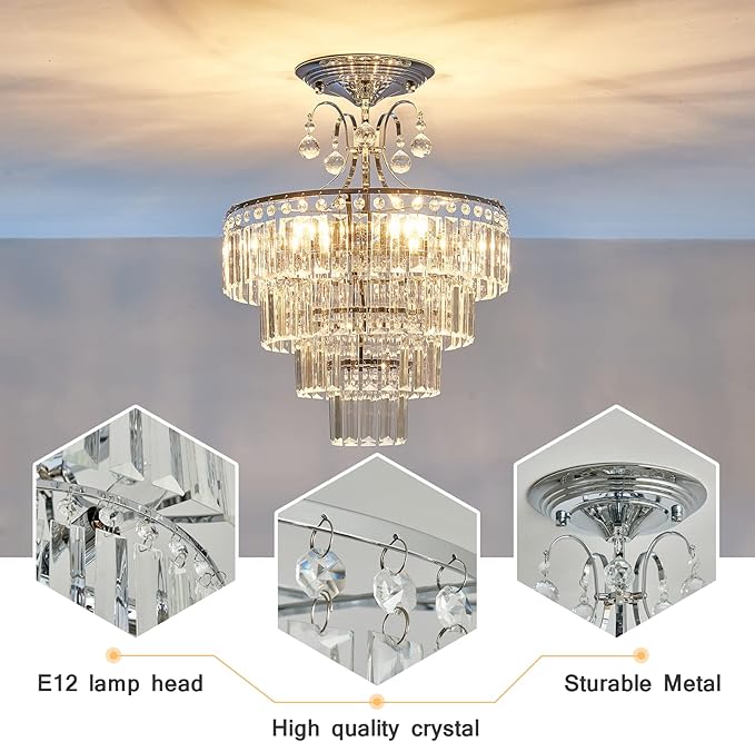 CVKASH 5 -Lights Crystal Chrome Chandelier Antique Modern Semi Flush Mount Ceiling Light Fixture Ceiling Lamp for Dining Room Kitchen Bedroom Living Room Hallway with E12