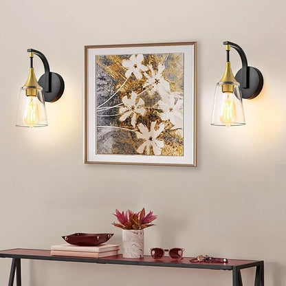 1-Light Bathroom Wall Sconce Light, Black and Gold Wall Light Fixtures with Clear Glass Shade, Modern Wall Lamp Indoor Wall Mounted Light for Hallway Bedroom Living Room Mirror