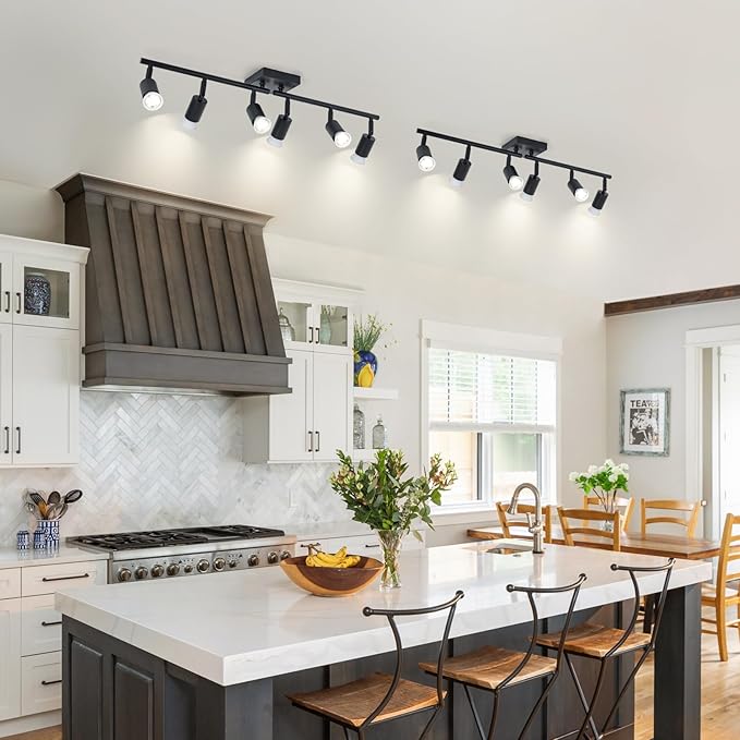 6-Light Kitchen Track Lighting, Black Adjustable GU10 Track Ceiling Light Kit, Industrial Flush Mount Ceiling Spotlight Fixture for Hallway, Dining Room