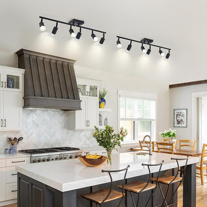 6-Light Kitchen Track Lighting, Black Adjustable GU10 Track Ceiling Light Kit, Industrial Flush Mount Ceiling Spotlight Fixture for Hallway, Dining Room