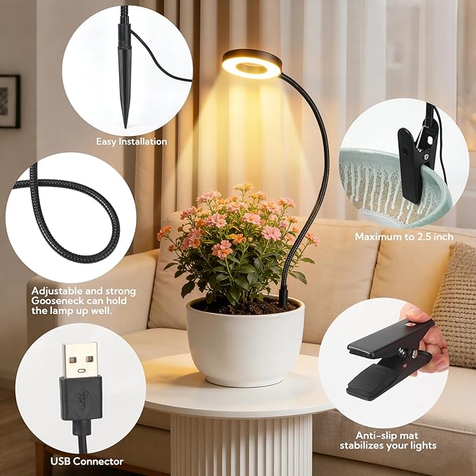 Grow Lights for Indoor Plants - 2 in 1 Grow Lights for Indoor Plants 3 Colors Plant Lights with 360 Gooseneck 48 LEDs Full Spectrum Plant Lights Auto Timer 3/9/12Hrs, 10 Brightness 6 Pack（Black）