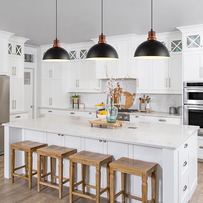 Black and Wood Pendant Lights 2 Pack, 11.8" Hammered Metal Dome Pendant Light Fixture Modern Black Pendant Lighting Hanging Ceiling Light for Kitchen Island Dining Living Room Restaurant