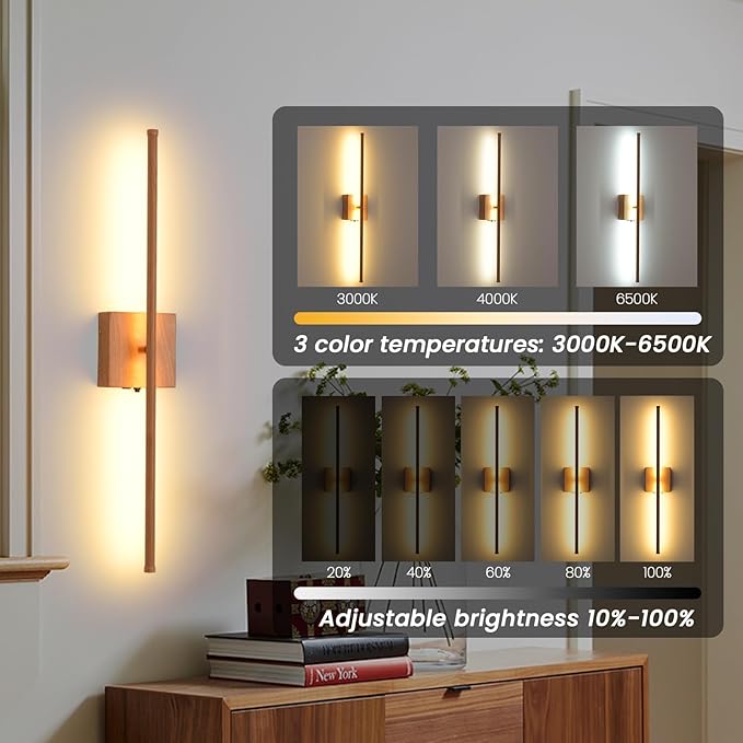 Battery Operated Wall Sconces, 11000mAh Rechargeable Faux Wood Texture Finish Wall Lights with Remote, 350° Rotatable Dimmable Wall Lamp 3 Color Temperatures, for Bedroom, Living Room, Hallway, 1 PCS