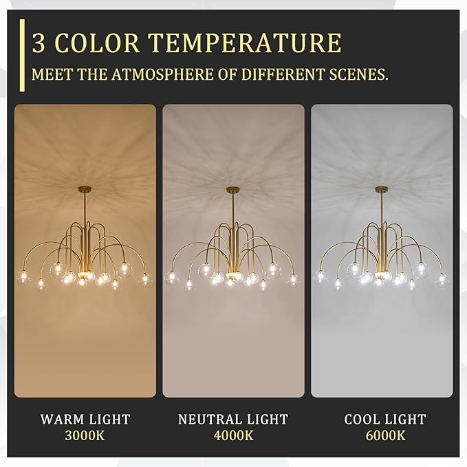 CATINER Gold Sputnik Chandeliers 12 Lights Modern Chandelier Large L52”Mid Century Ceiling Pendant Light Fixtures with Clear Glass Globe Shades for High Ceiling Living Dining Room Foyer Staircase