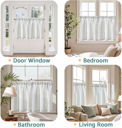 jinchan Striped Linen Kitchen Curtains 30 Inches Tier Curtains Farmhouse Modern Cafe Style Small Window Treatments Airy Light Filtering Rod Pocket for Living Room Bathroom 2 Panels Aqua Blue