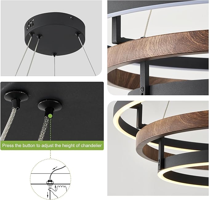 Benkut 3 Rings Modern LED Chandelier Black Dimmable Circular Pendant Light for Dining Room, Foyer Chandelier with Remote Control Flush Mount High Ceiling Light for Kitchen Living Room, D30.7In