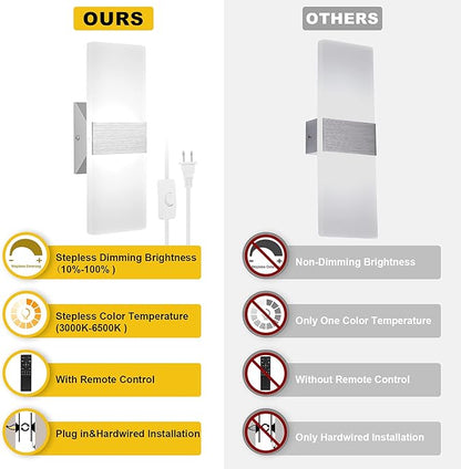 GOODATE Plug in Wall Sconces with Stepless Adjustable 3000K-6500K Colors and 10%-100% Brightness, Sconces Wall Lighting with Remote Control 12W Acrylic LED Wall Lamp with 6FT Plug in Cord, 2 Pack