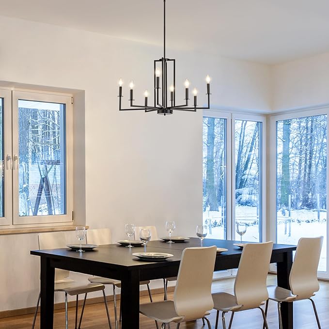 Modern Black Chandelier, Farmhouse Candle Dining Room Chandeliers, Metal Hanging Pendant Light Fixture for Kitchen, Foyer, Bedroom, Living Room, Staircase, Entryway, 8-Light