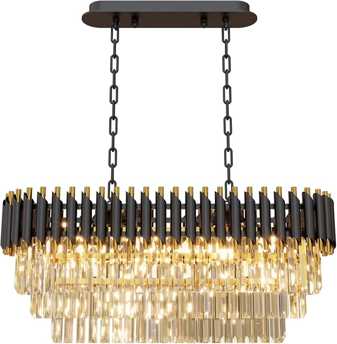 31.5" 8-Light Modern Black Gold K9 Crystal Chandelier, Luxury Rectangular Raindrop Pendant Light with Adjustable Chain, Hanging Chandeliers for Dining Room, Kitchen Island, Living Room