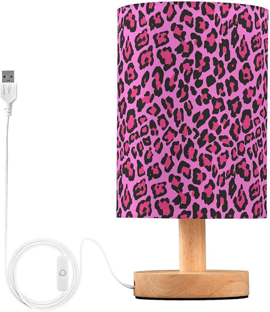 Bedside Table Lamp Pink Leopard Skin Nightstand Lamp with Wood Desk Lamps for Bedroom Living Room Nursery Office Home Decor